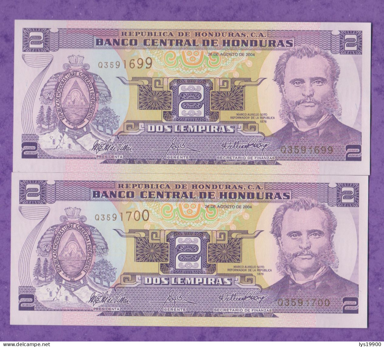 Honduras 2 X 2 Lempiras 2004 N° Consécutifs  Neuf, Unc - Honduras