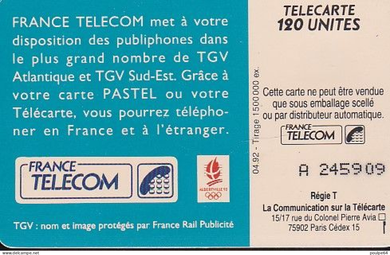 F274A - 04/1992 - TGV  " Le Téléphone " - 120 SO3 - 1992