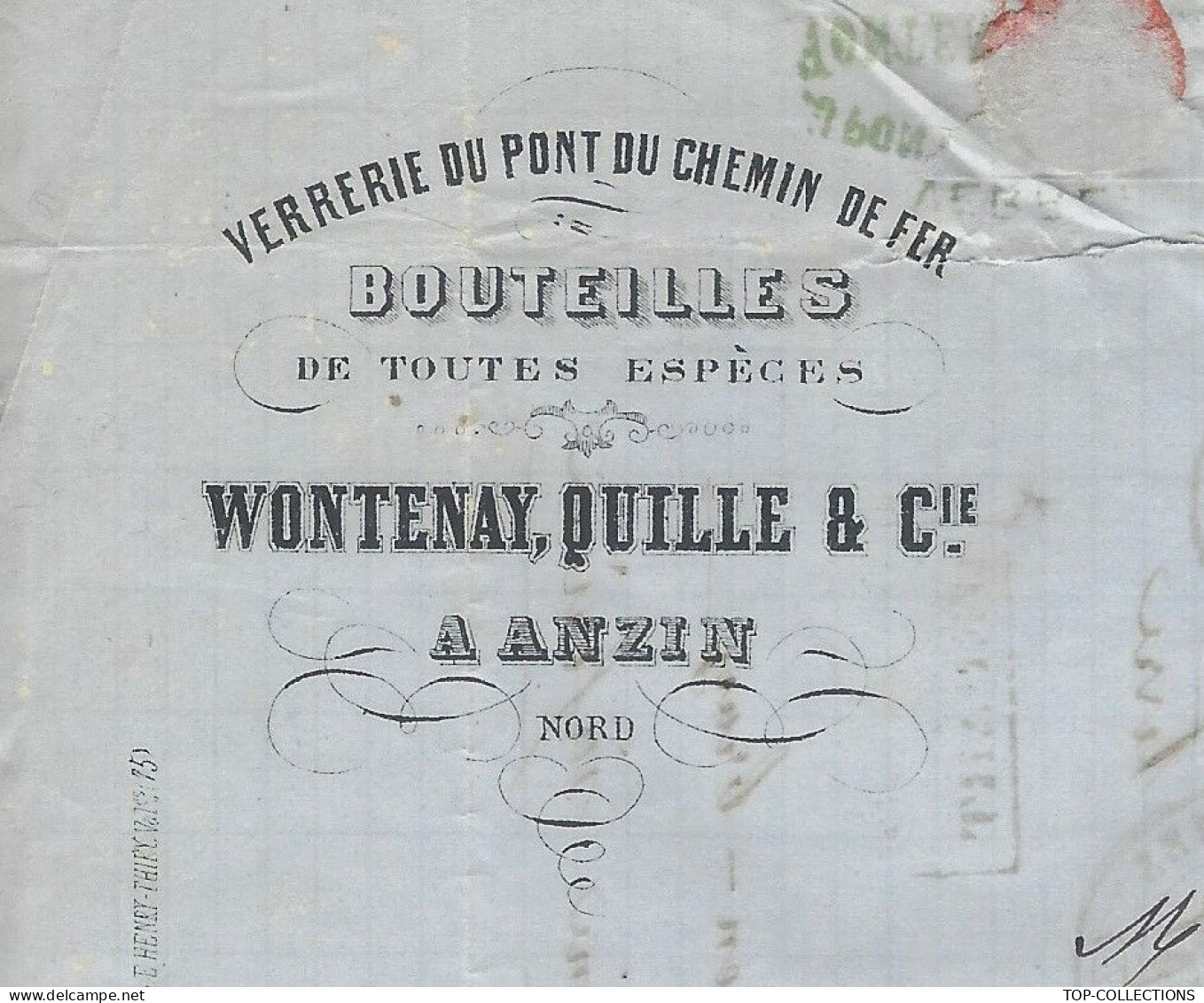 1876 ENTETE VERRERIE DU PONT DU CHEMIN DE FER Wontenay Quille Anzin Nord  Wagon De Terre > Gounay En Bray Seine Maritime - 1800 – 1899