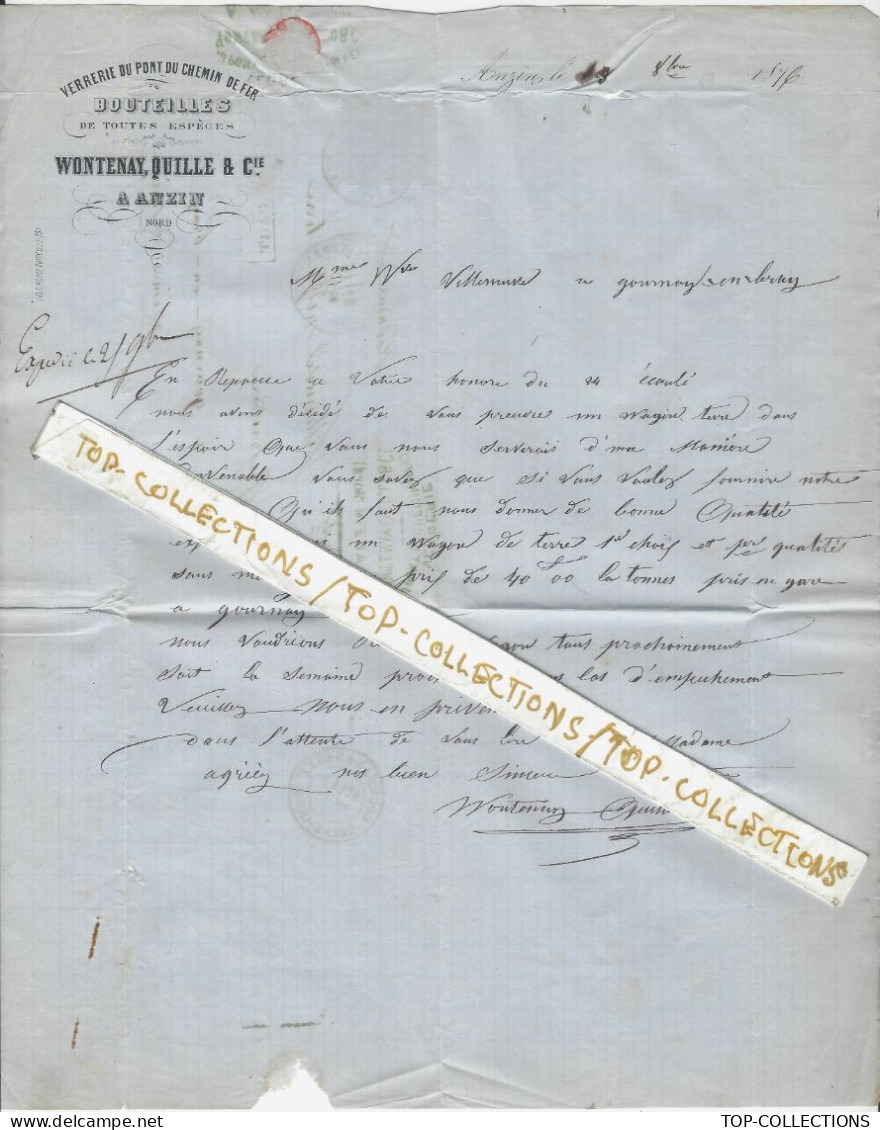 1876 ENTETE VERRERIE DU PONT DU CHEMIN DE FER Wontenay Quille Anzin Nord  Wagon De Terre > Gounay En Bray Seine Maritime - 1800 – 1899