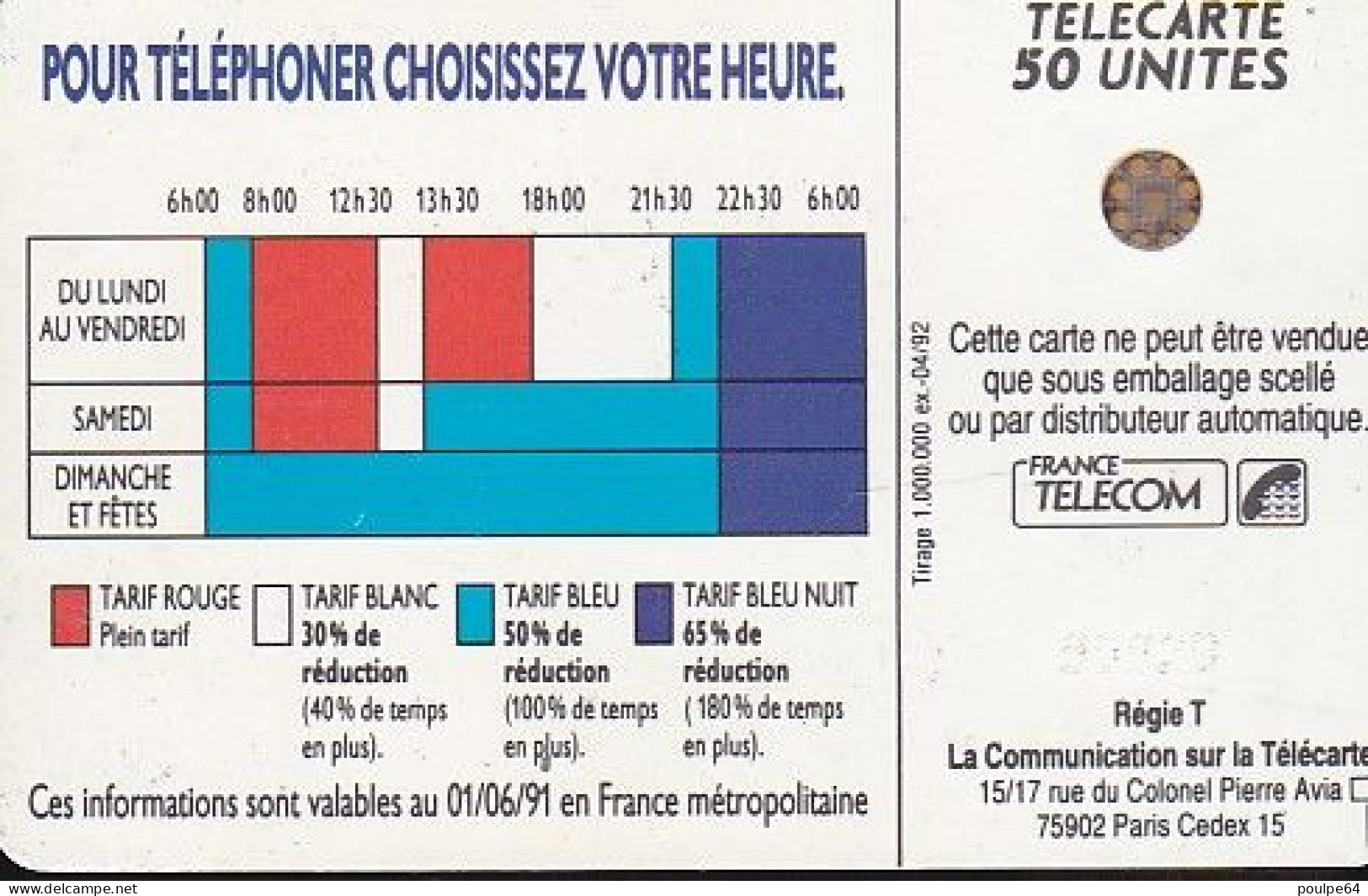 F207c - 02/1992 - TARIFS 18h 00 - 50 SC4 (diamètre Puce Au Dos : Ø6) - 1992