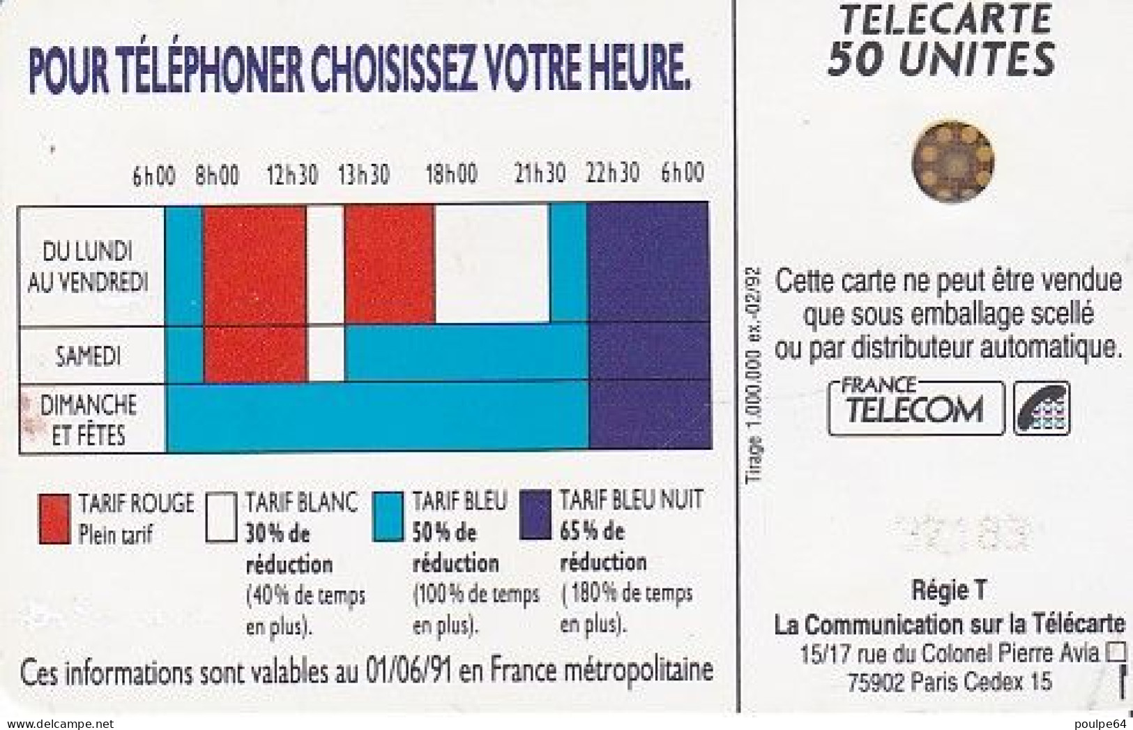 F207c - 02/1992 - TARIFS 18h 00 - 50 SC4 (diamètre Puce Au Dos : Ø6) - 1992