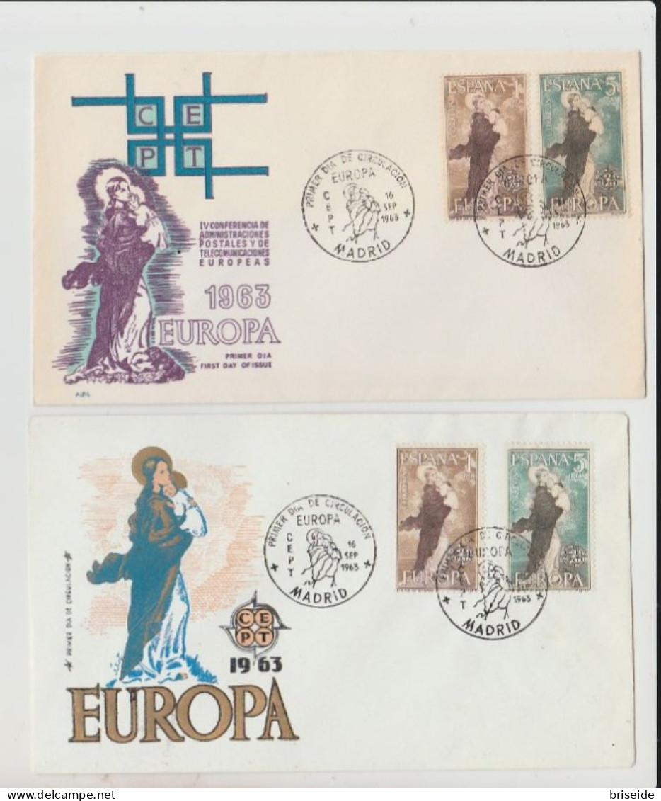 1963 N. 2 BUSTE EUROPA CEPT PREMIER JOUR D'EMISSION FIRST DAY COVER ERSTTAGSBRIEF 1°GIORNO EMIS. ESPANA  SPAGNA - 1963