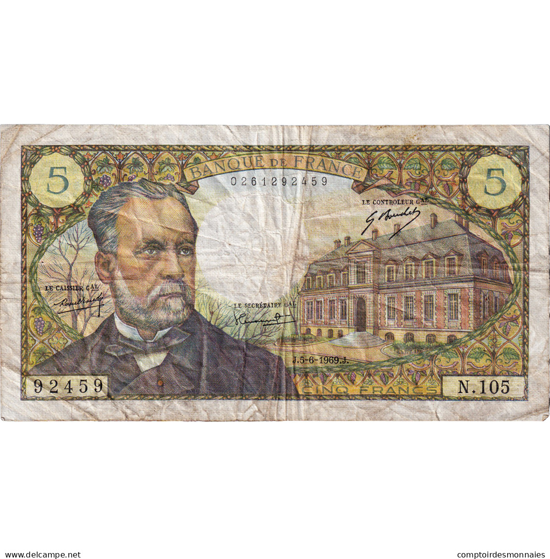 France, 5 Francs, Pasteur, 1969, N.105, TB, Fayette:61.10, KM:146b - 5 F 1966-1970 ''Pasteur''