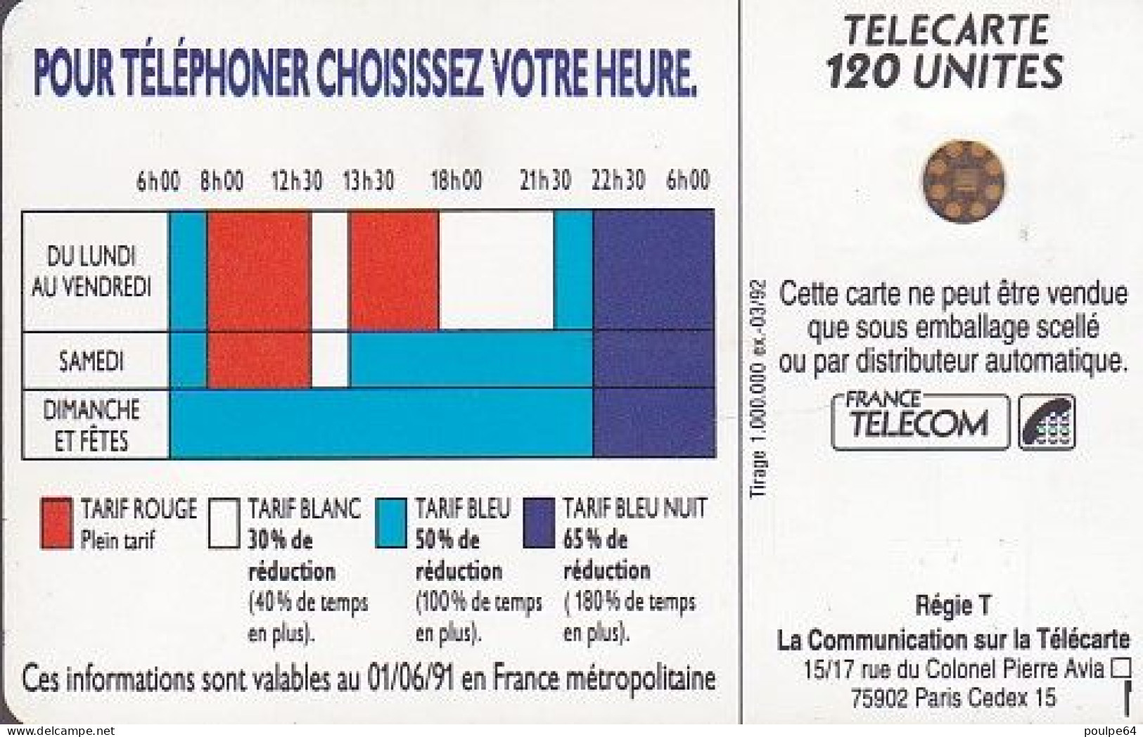 F208b - 03/1992 - TARIFS 18h 00 - 120 SC4 (diamètre Puce Au Dos : Ø6) - 1992