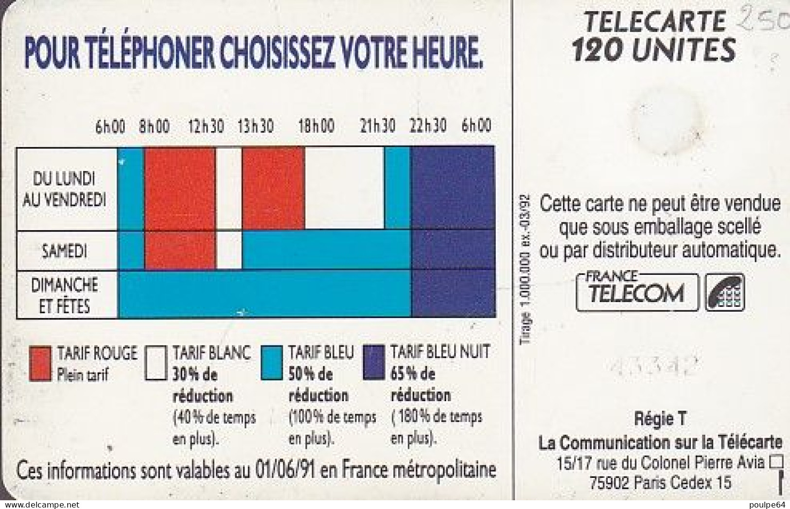 F208Aa - 03/1992 - TARIFS 18h 00 - 120 SC5 (sans Puce Au Dos) - 1992