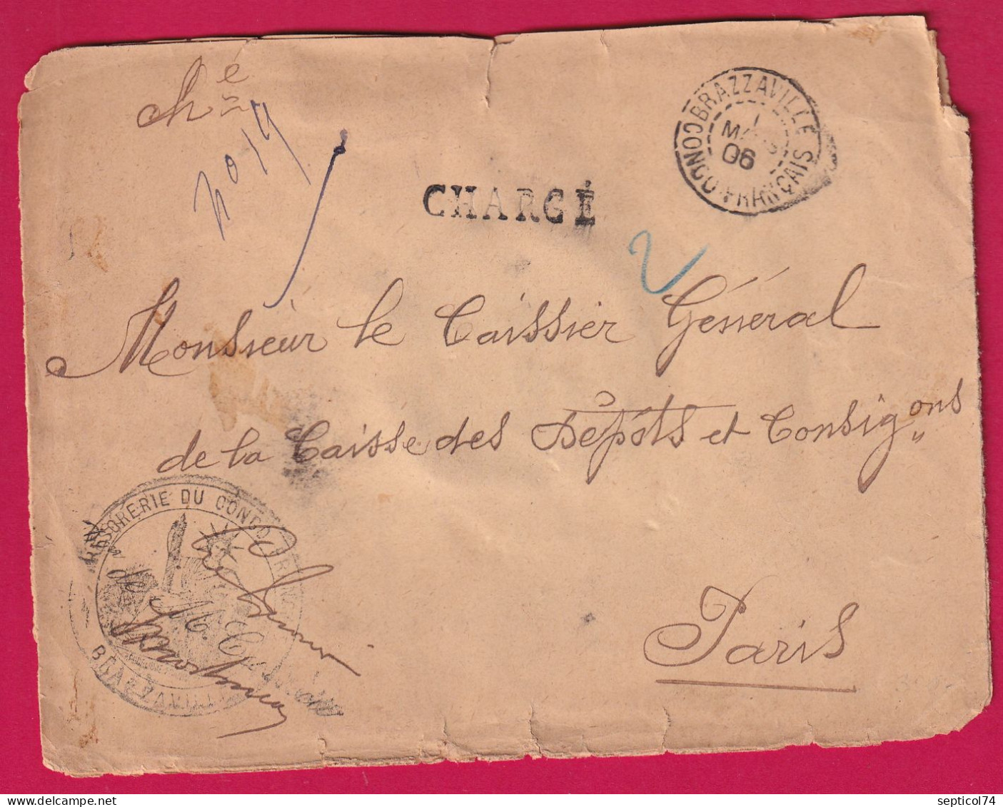 CONGO FRANCAIS LETTRE EN FRANCHISE CHARGE TRESORERIE DU CONGO FRANCAIS POUR PARIS 1906 LETTRE - Cartas & Documentos