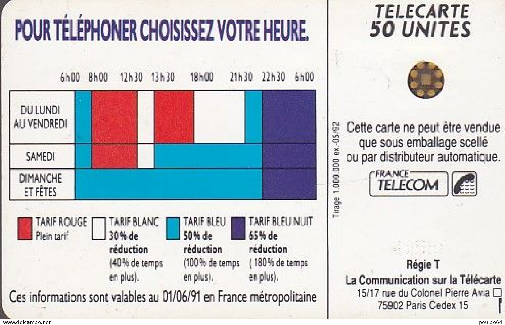 F207f - 05/1992 - TARIFS 18h 00 - 50 SC4 (diamètre De La Puce Au Dos Ø6) - 1992