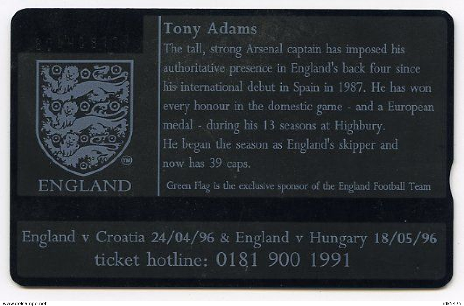 BT PHONECARD : ENGLAND 1996 - TONY ADAMS : 20 UNITS - BT Emissioni Pubblicitarie