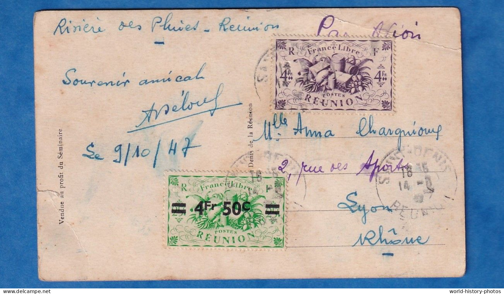 CPA - île De La Réunion - 1947 - Timbre France Libre 4 Fr 50 C - Route De CILAOS - écrite De Risière Des Pluies - Lettres & Documents