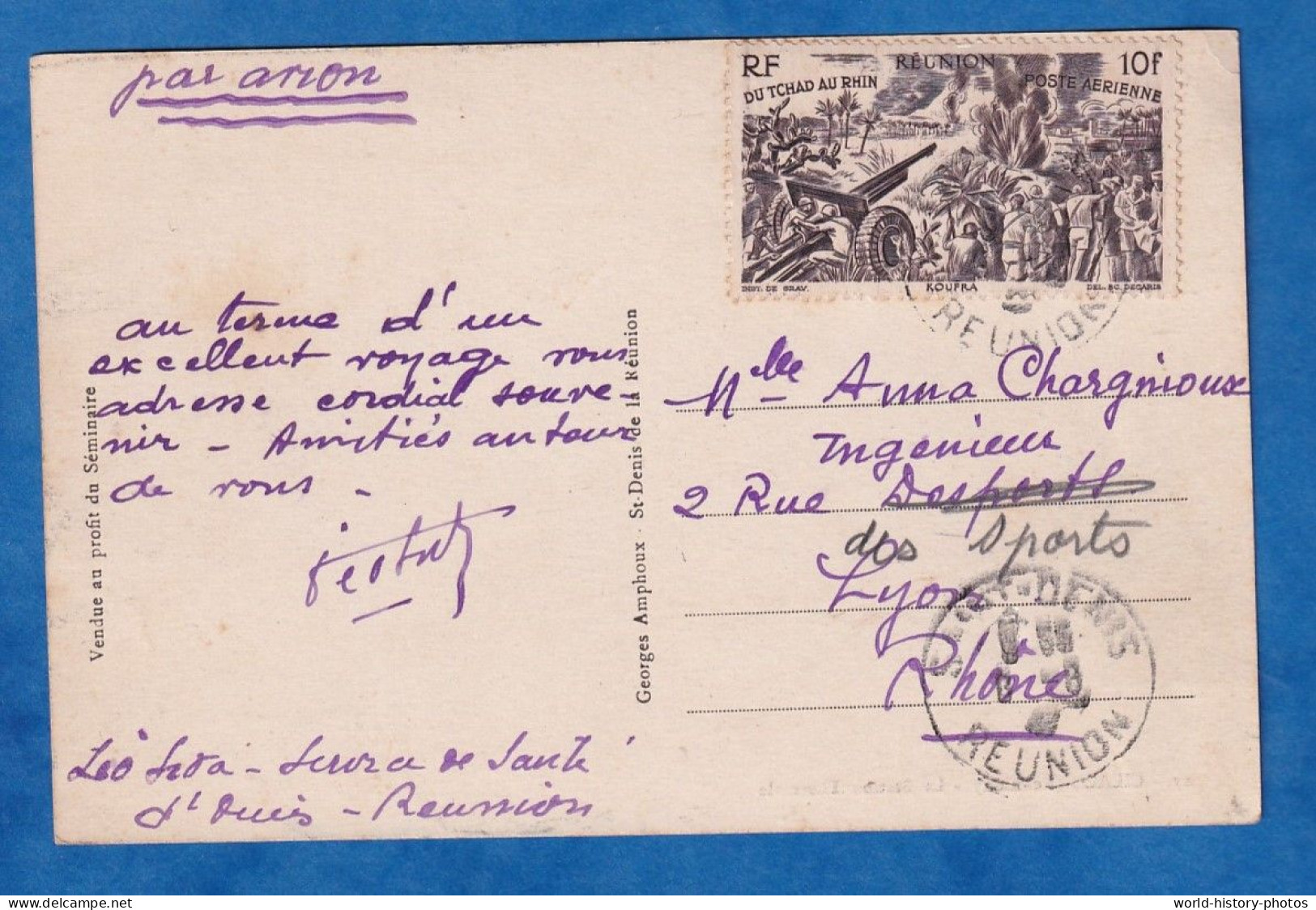 CPA - île De La Réunion - 1947 - Timbre Réunion Du Tchat Au Rhin , Poste Aérienne - Par Avion - G. Amphoux Saint Denis - Covers & Documents