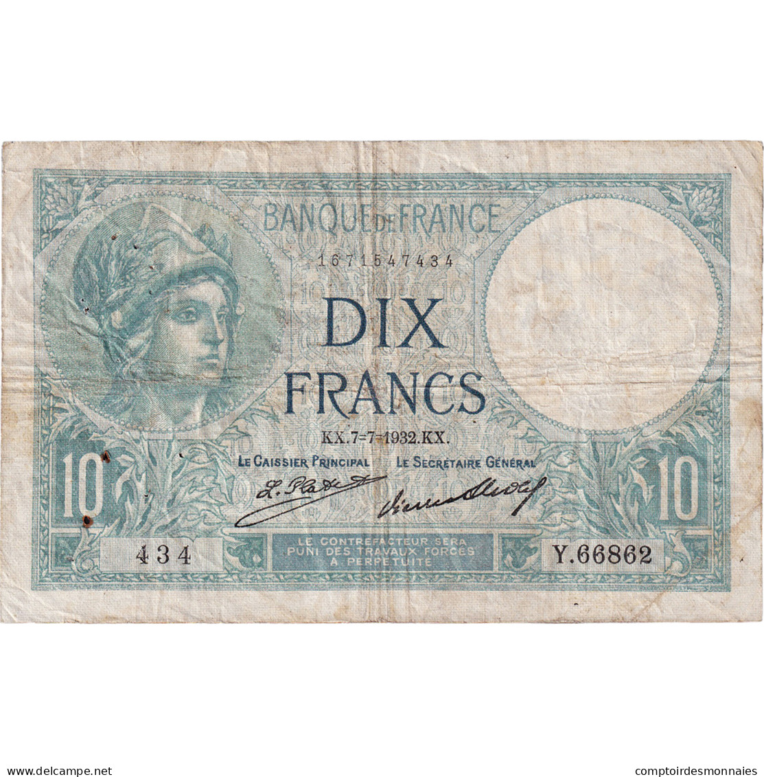 France, 10 Francs, Minerve, 1932, Y.66862, TB, Fayette:6.16, KM:73d - 10 F 1916-1942 ''Minerve''
