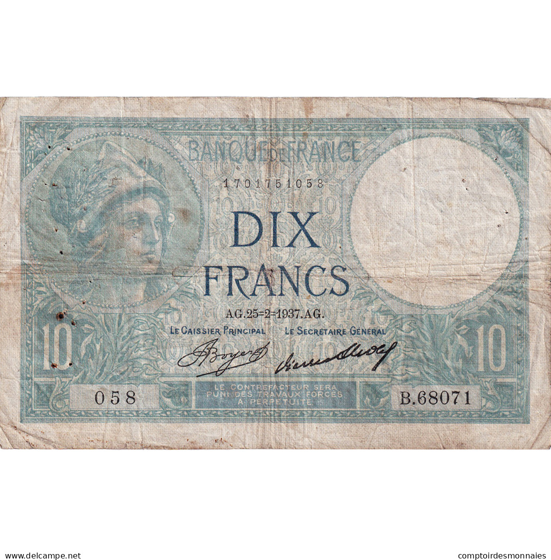 France, 10 Francs, Minerve, 1937, B.68071, TB, Fayette:6.18, KM:73e - 10 F 1916-1942 ''Minerve''