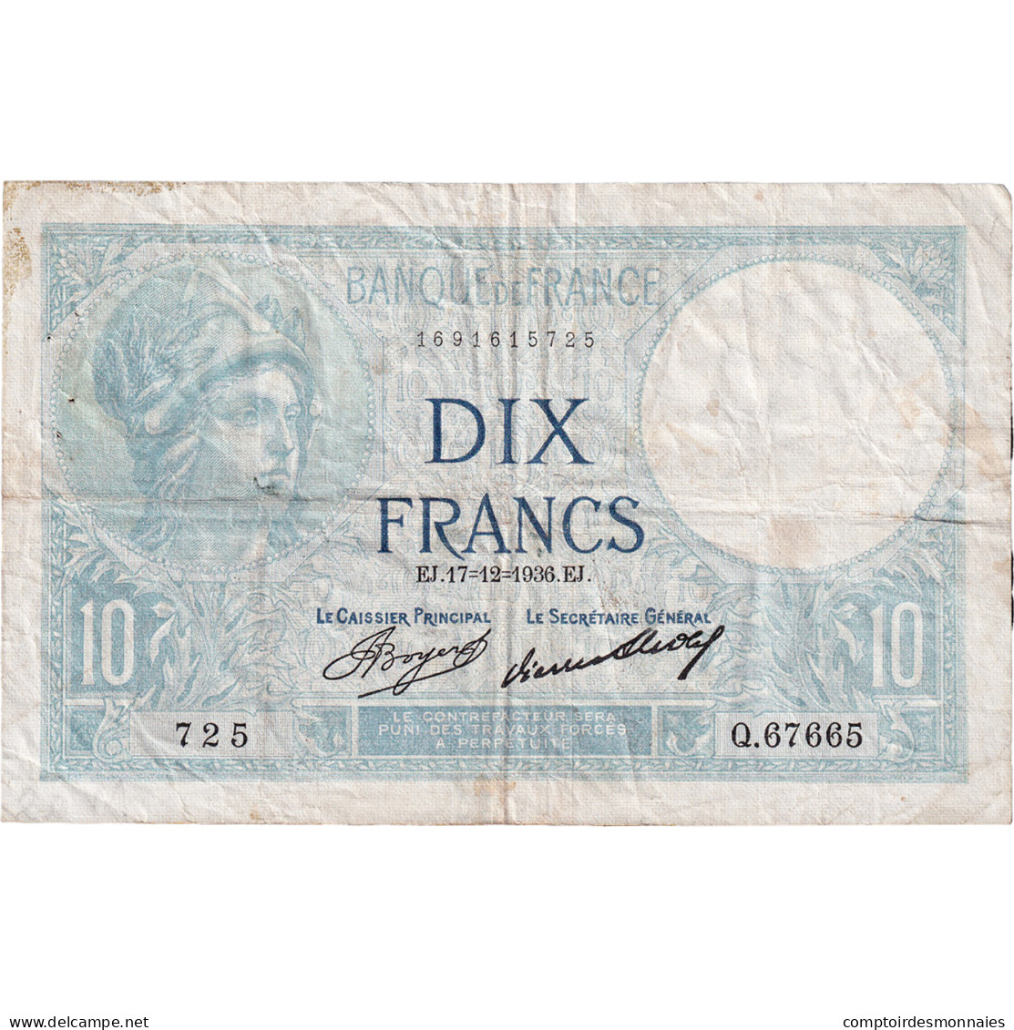 France, 10 Francs, Minerve, 1936, Q.67665, TB+, Fayette:6.17, KM:73e - 10 F 1916-1942 ''Minerve''