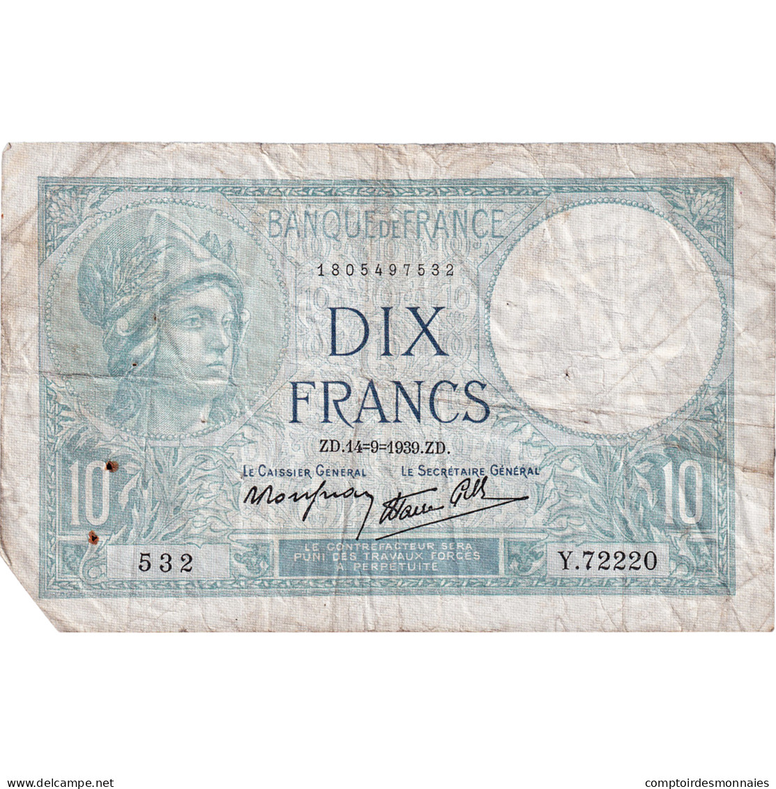 France, 10 Francs, Minerve, 1939, Y.72220, TB, Fayette:7.7, KM:84 - 10 F 1916-1942 ''Minerve''