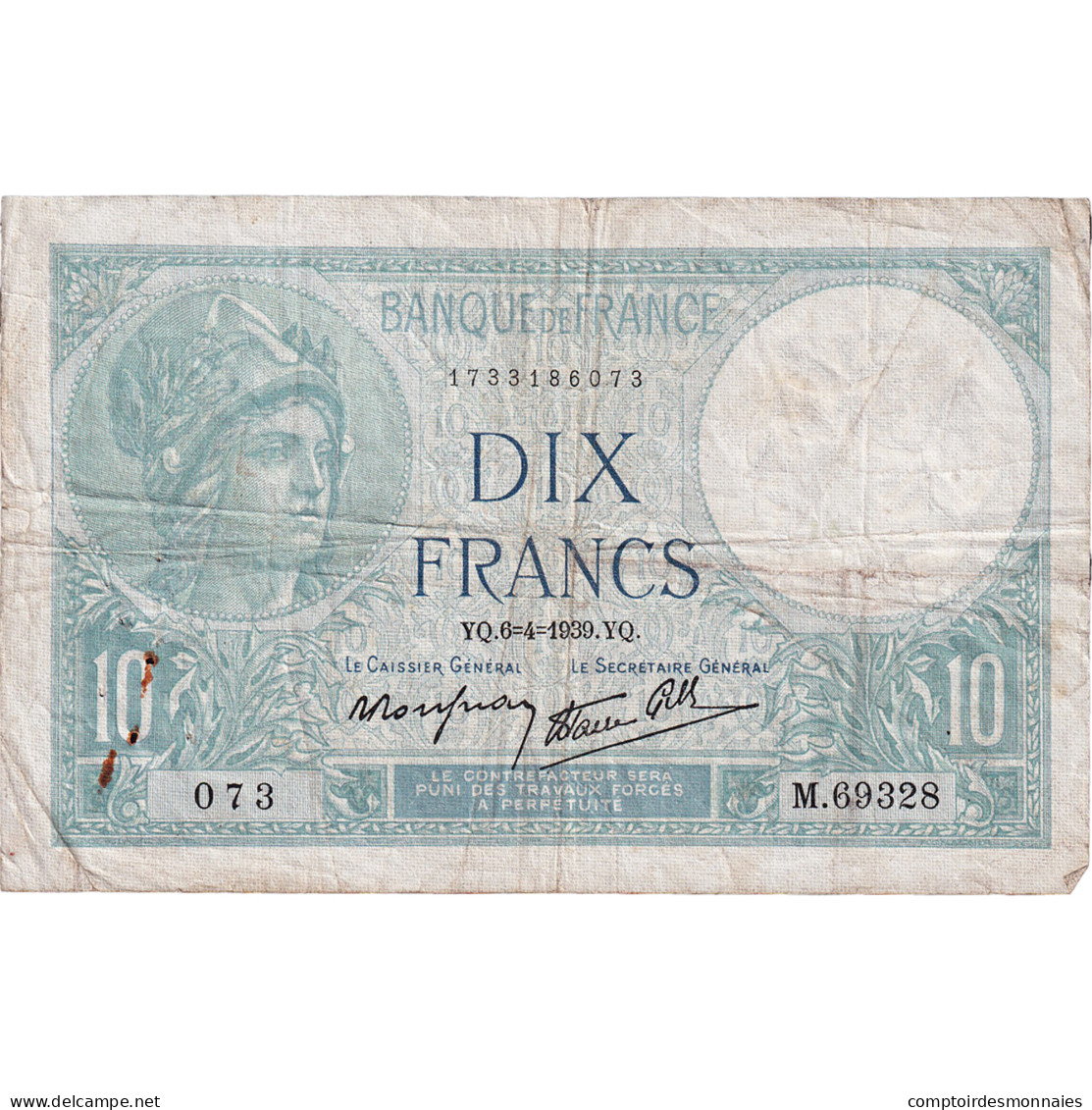 France, 10 Francs, Minerve, 1939, M.69328, TB, Fayette:7.2, KM:84 - 10 F 1916-1942 ''Minerve''