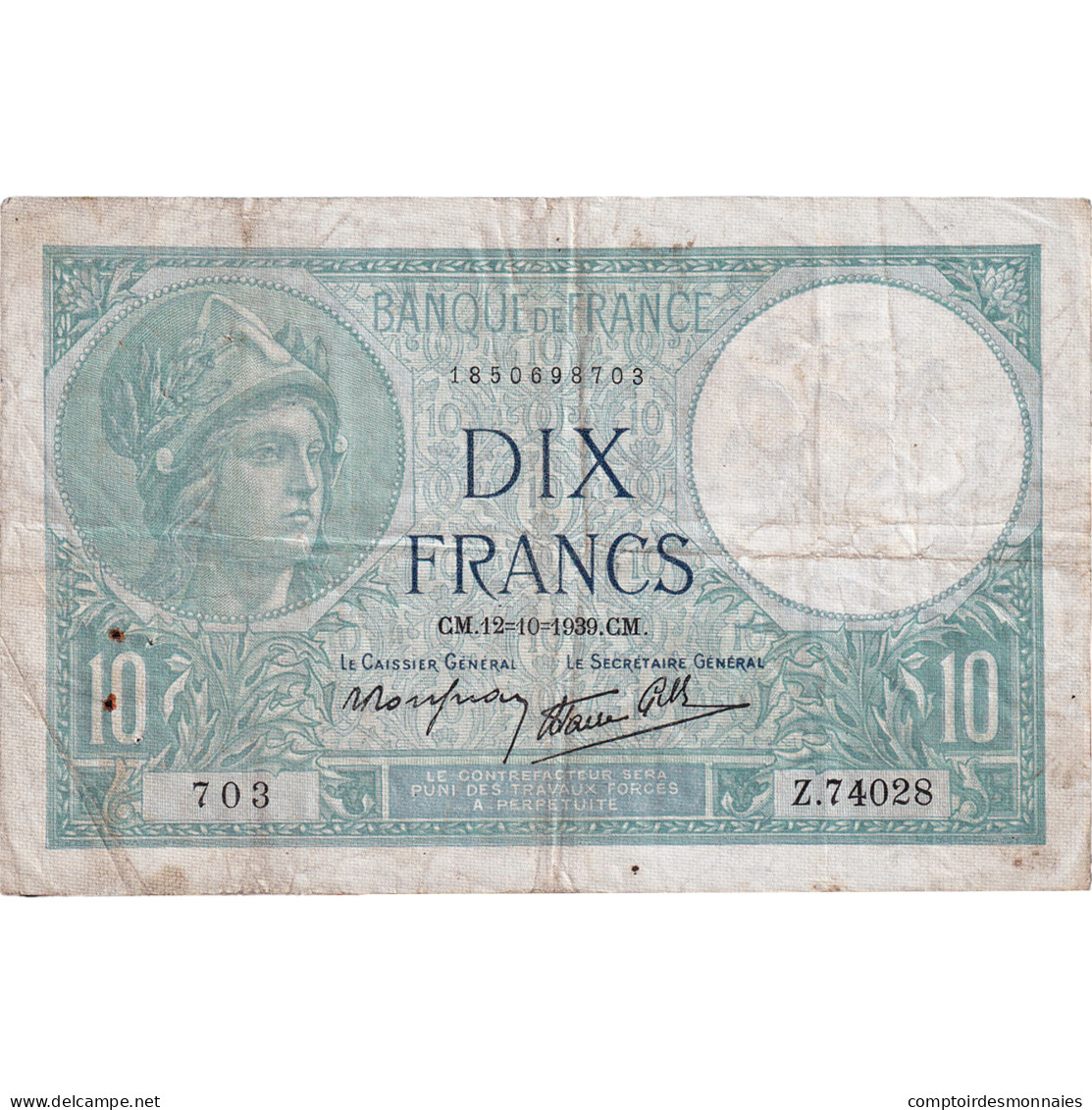 France, 10 Francs, Minerve, 1939, Z.74028, TB+, Fayette:7.11, KM:84 - 10 F 1916-1942 ''Minerve''