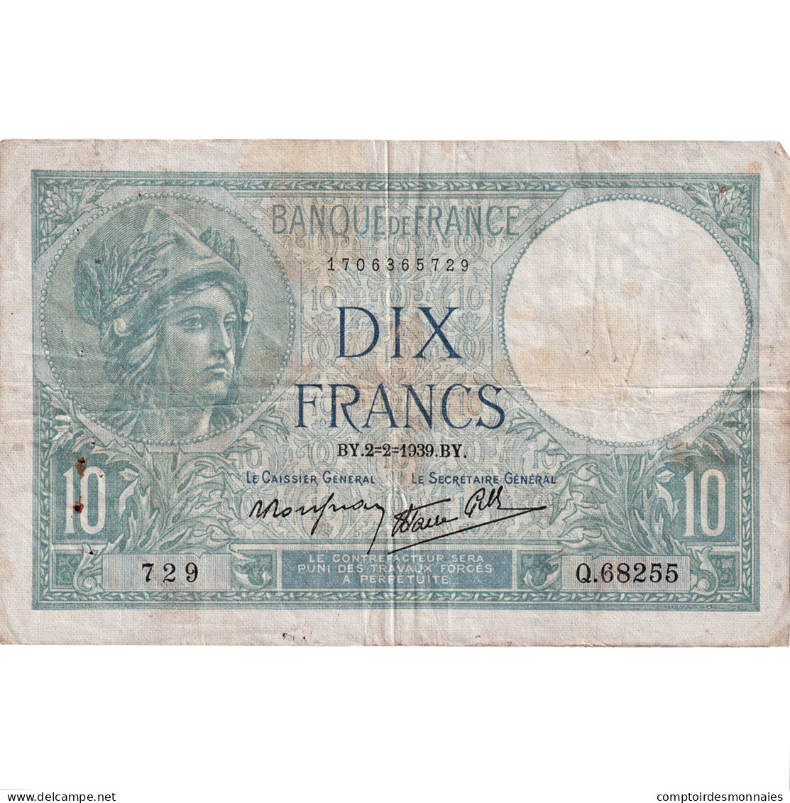 France, 10 Francs, Minerve, 1939, Q.68255, TB, Fayette:7.1, KM:84 - 10 F 1916-1942 ''Minerve''