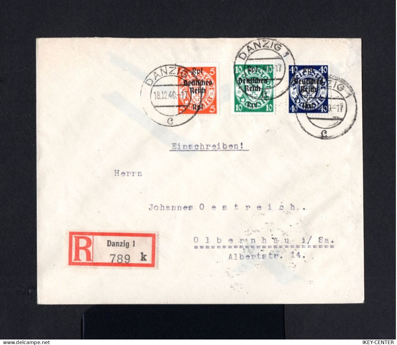 12439-GERMANY-DANZIG STATE.REGISTERED COVER DANZIG To OLBERNHAU.1940 WWII.DEUTSCHES REICH.Enveloppe RECOMMANDE - Covers & Documents