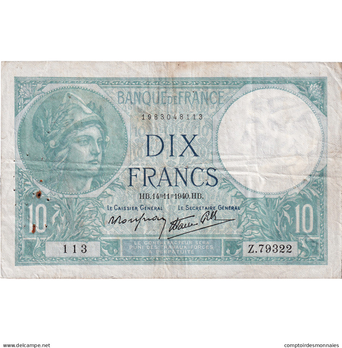France, 10 Francs, Minerve, 1940, Z.79322, TB+, Fayette:7.20, KM:84 - 10 F 1916-1942 ''Minerve''
