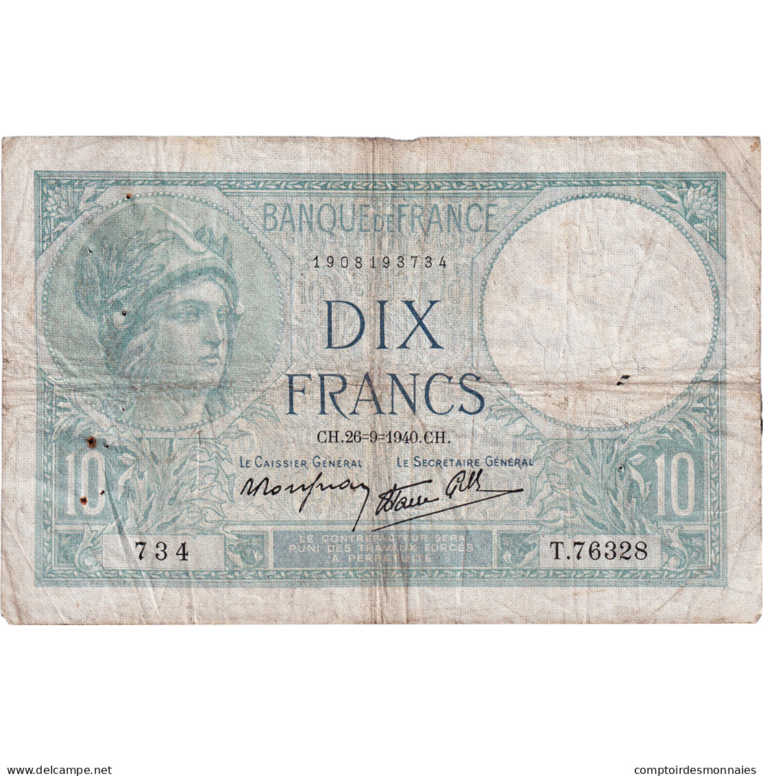 France, 10 Francs, Minerve, 1940, T.76328, TB+, Fayette:7.15, KM:84 - 10 F 1916-1942 ''Minerve''