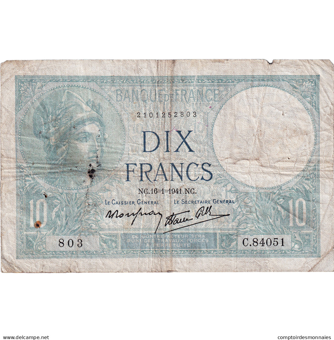 France, 10 Francs, Minerve, 1941, C.84051, TB+, Fayette:7.28, KM:84 - 10 F 1916-1942 ''Minerve''