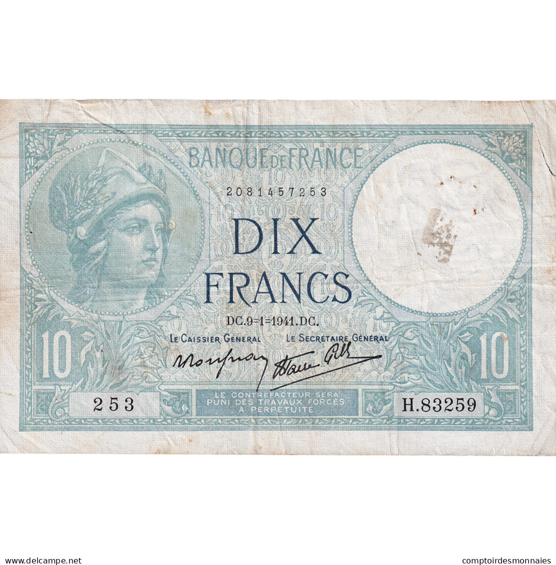 France, 10 Francs, Minerve, 1941, H.83259, TB+, Fayette:7.27, KM:84 - 10 F 1916-1942 ''Minerve''