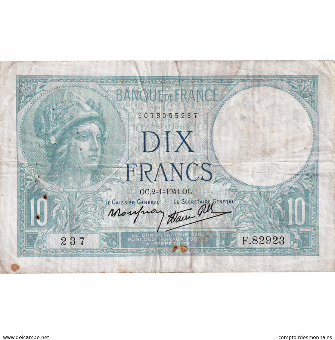 France, 10 Francs, Minerve, 1941, F.82923, TB+, Fayette:7.26, KM:84 - 10 F 1916-1942 ''Minerve''