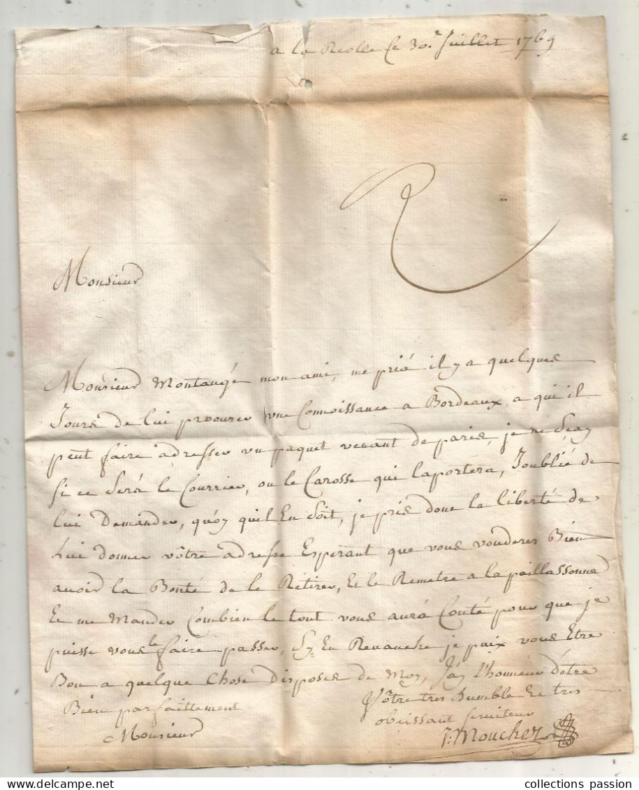 Lettre , Préphilatélie, Précurseurs XVIII E Siècle, 1769, LA REOLE, Gironde, 2 Scans - 1701-1800: Precursores XVIII