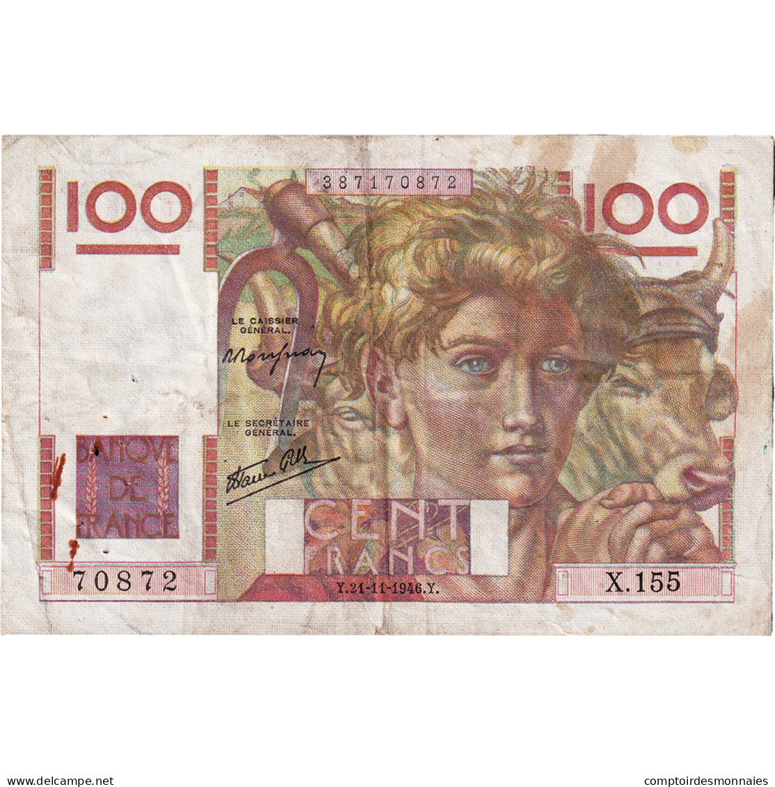 France, 100 Francs, Jeune Paysan, 1946, X.155, TB, Fayette:28.11, KM:128a - 100 F 1945-1954 ''Jeune Paysan''