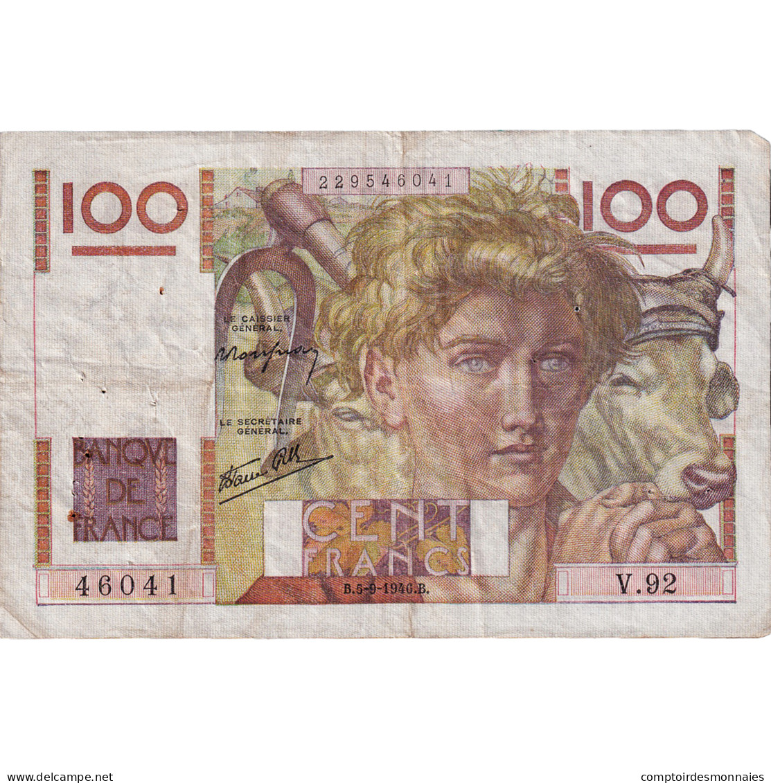 France, 100 Francs, Jeune Paysan, 1946, V.92, TB, Fayette:28.8, KM:128a - 100 F 1945-1954 ''Jeune Paysan''