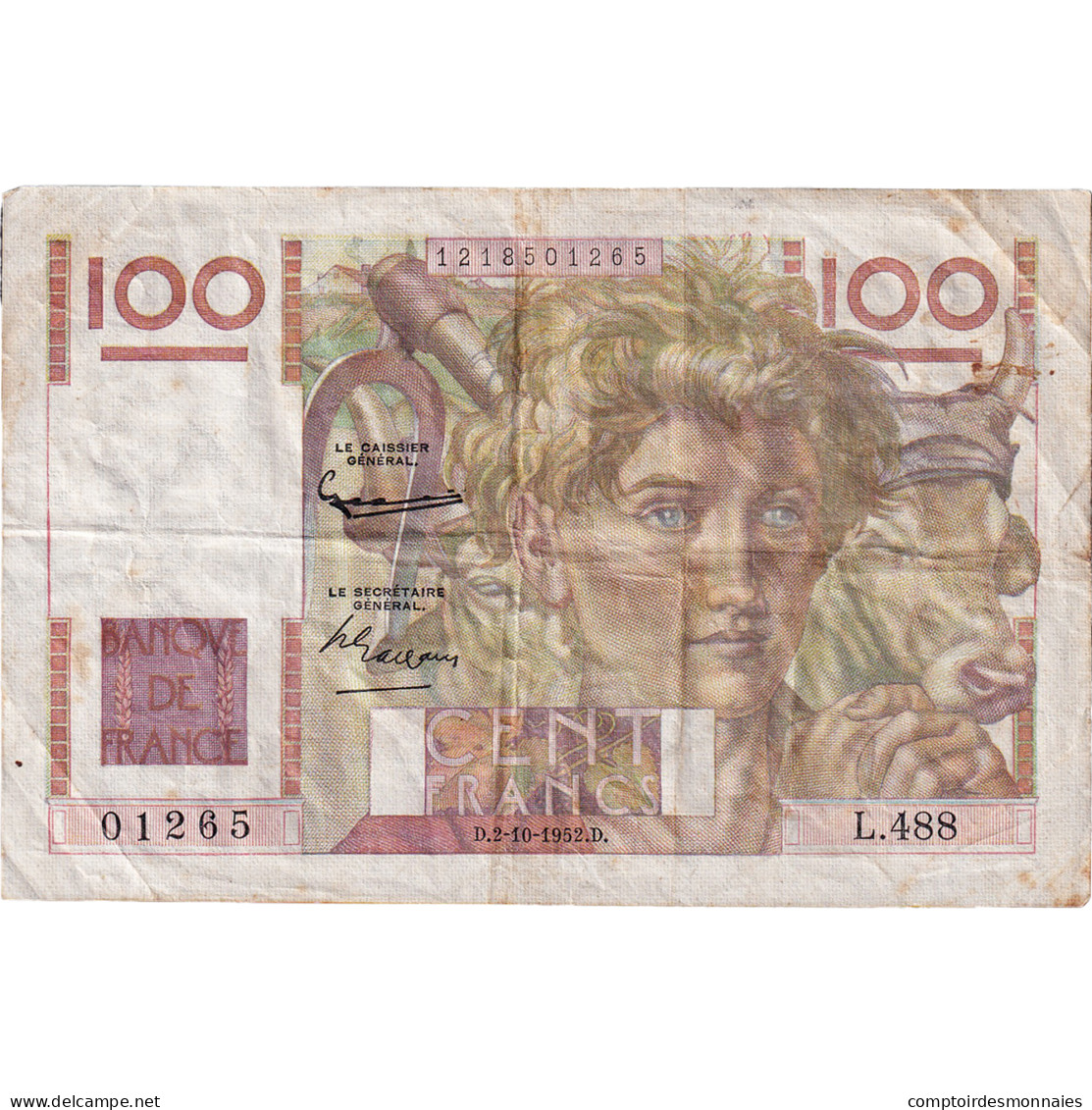 France, 100 Francs, Jeune Paysan, 1952, L.488, TB, Fayette:28.34, KM:128d - 100 F 1945-1954 ''Jeune Paysan''