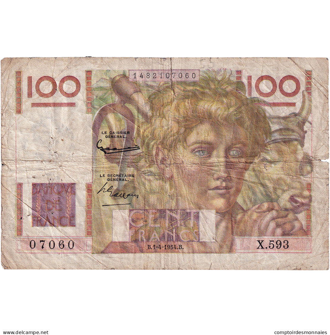 France, 100 Francs, Jeune Paysan, 1954, X.593, TB, Fayette:28.43, KM:128d - 100 F 1945-1954 ''Jeune Paysan''