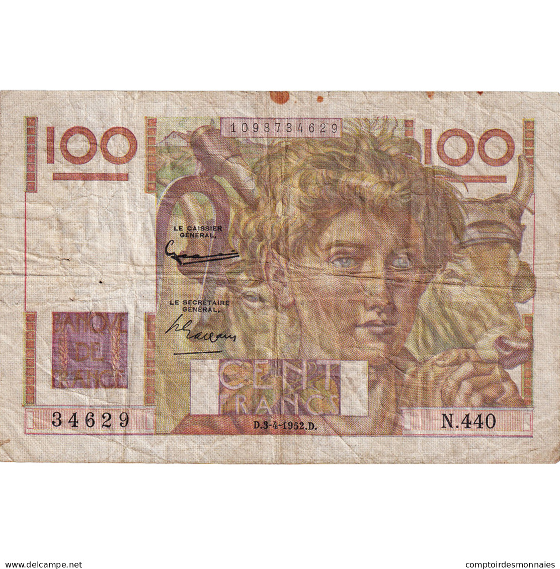 France, 100 Francs, Jeune Paysan, 1952, N.440, TB, Fayette:28.32, KM:128d - 100 F 1945-1954 ''Jeune Paysan''