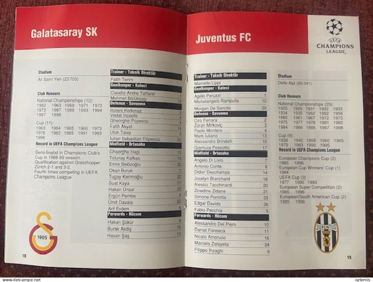 GALATASARAY - JUVENTUS FC  ,UEFA CHAMPIONS LEAGUE ,MATCH SCHEDULE ,1998 - Books