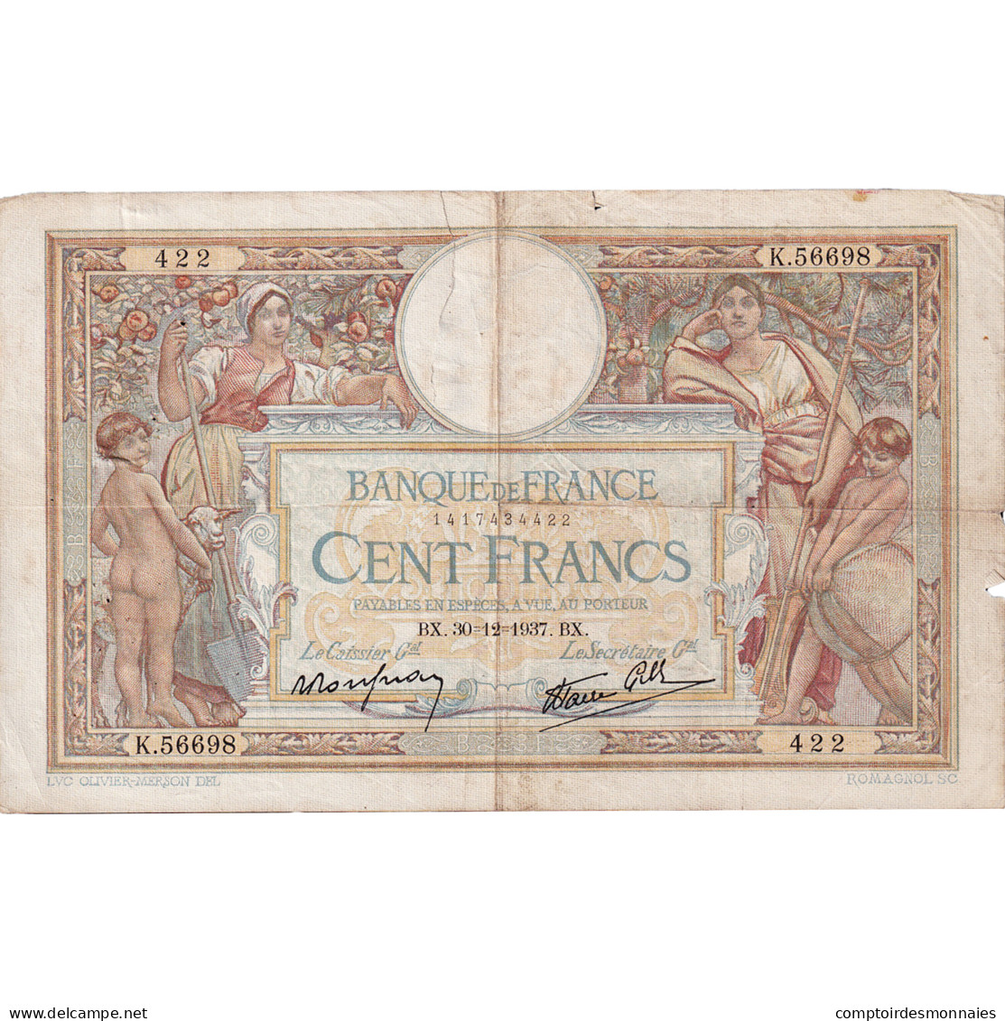 France, 100 Francs, Luc Olivier Merson, 1937, K.56698, TTB, Fayette:25.7, KM:86b - 100 F 1908-1939 ''Luc Olivier Merson''