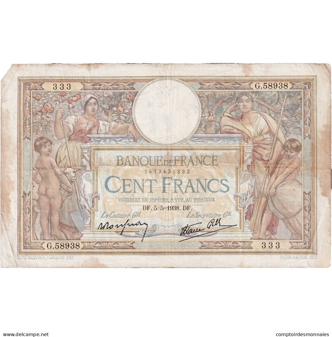 France, 100 Francs, Luc Olivier Merson, 1938, G.58938, TB, Fayette:25.17, KM:86b - 100 F 1908-1939 ''Luc Olivier Merson''