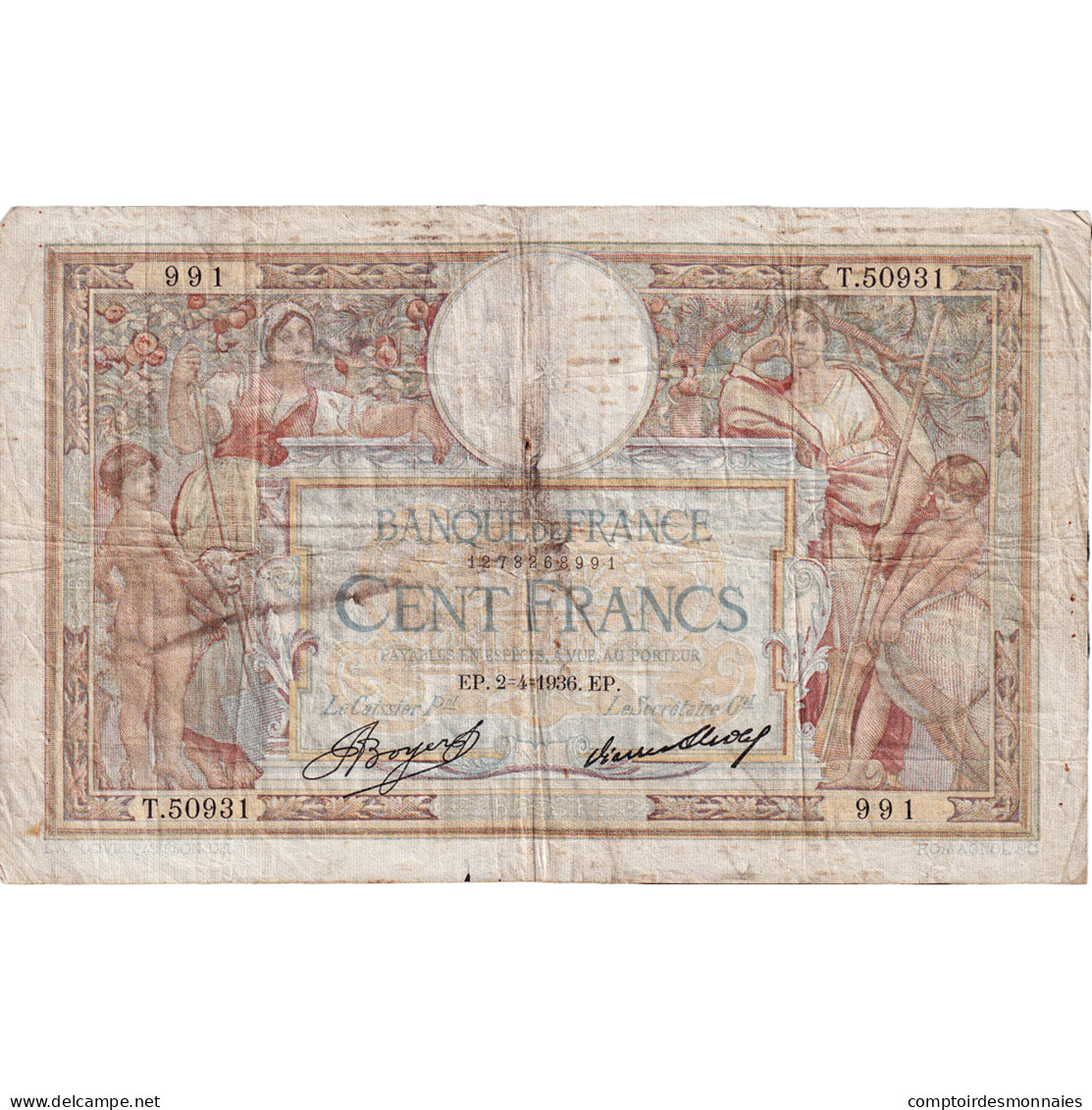 France, 100 Francs, Luc Olivier Merson, 1936, T.50931, TTB, Fayette:24.15 - 100 F 1908-1939 ''Luc Olivier Merson''