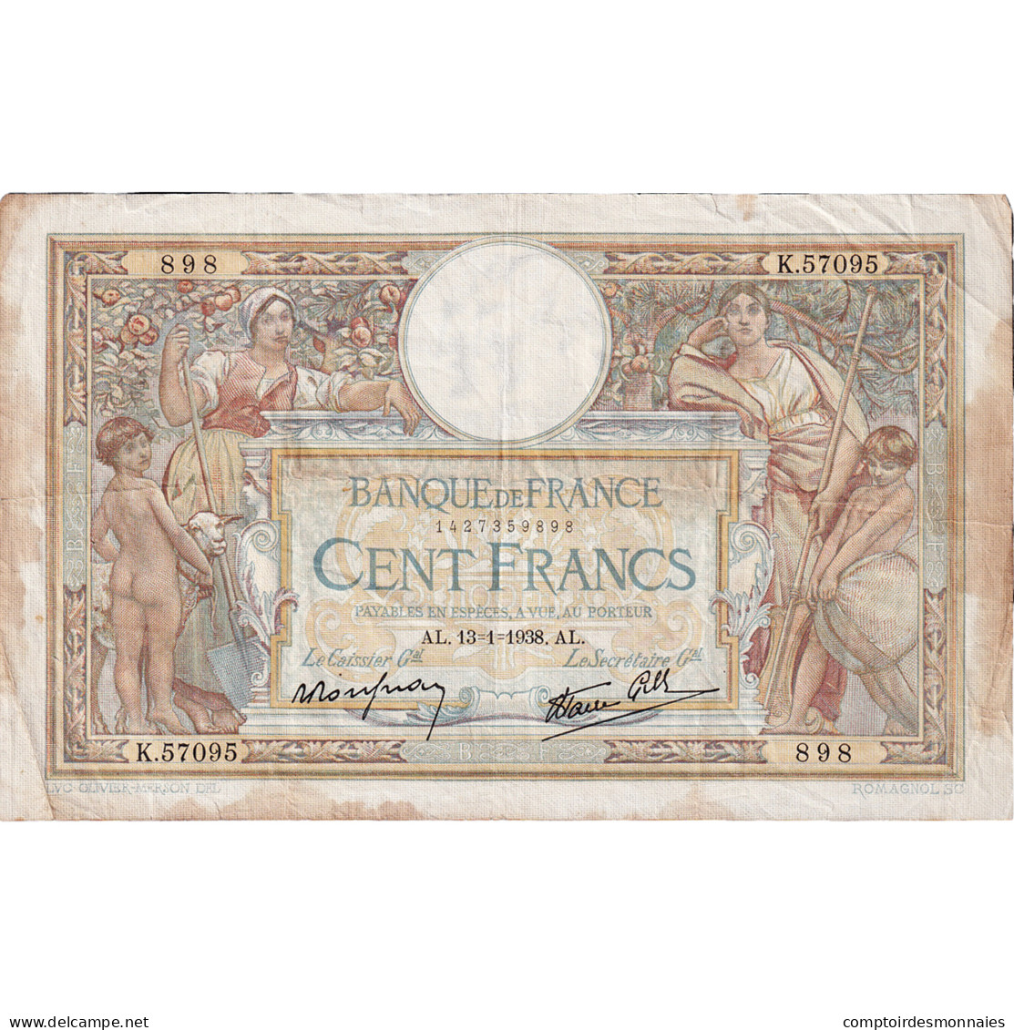 France, 100 Francs, Luc Olivier Merson, 1938, K.57095, TTB, Fayette:27.8, KM:86b - 100 F 1908-1939 ''Luc Olivier Merson''