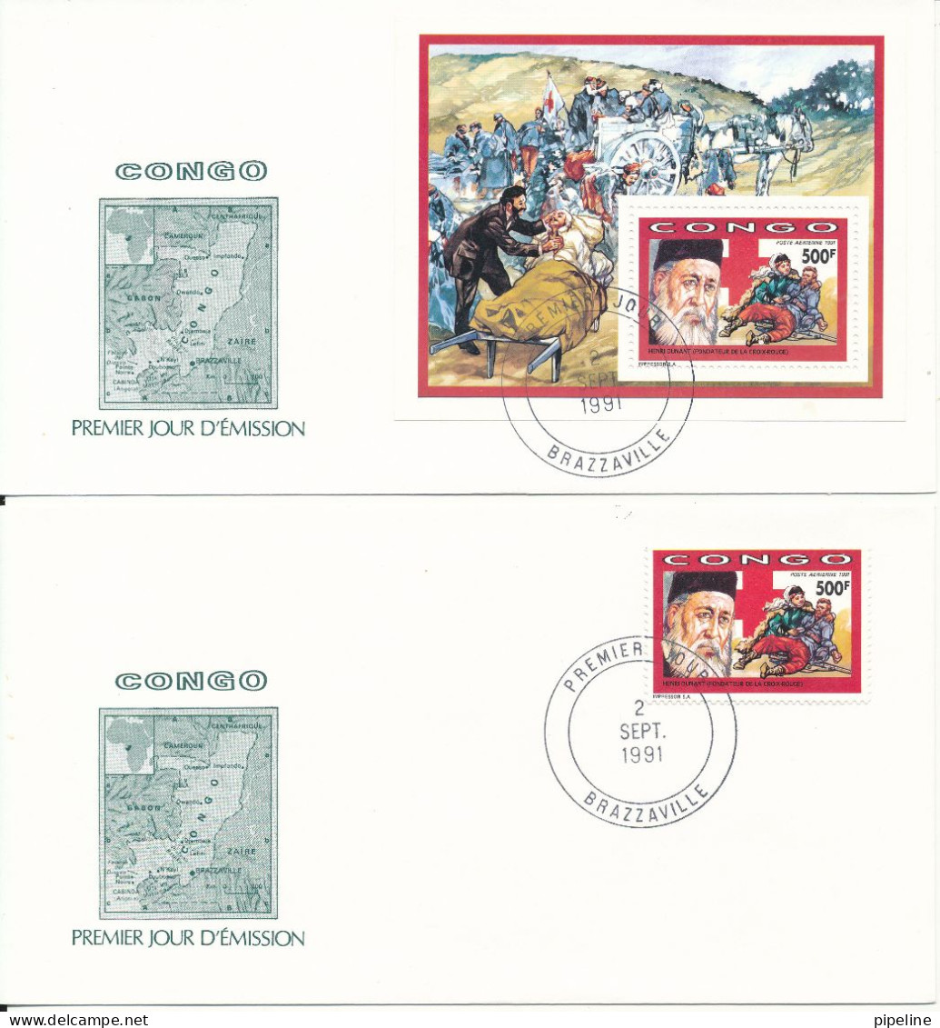 Congo Brazzaville FDC 2-9-1991 RED CROSS Single Stamp And A Souvenir Sheet On 2 Covers With Cachet - FDC