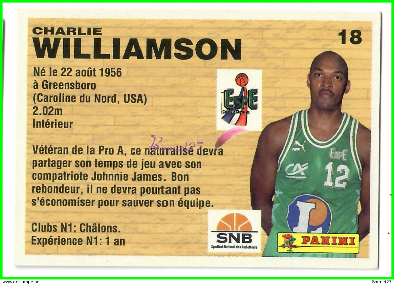 Carte Cards PANINI Sport BASKETBALL BASKET 1994 - N° 18 Charlie WILLIAMSON Châlons - Autres & Non Classés