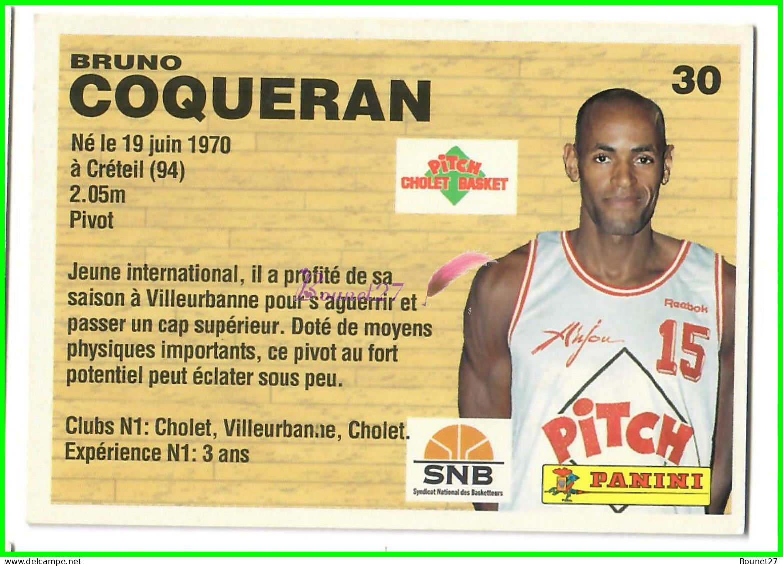 Carte Cards PANINI Sport BASKETBALL BASKET 1994 - N° 30 Bruno COQUERAN Cholet Villeurbanne  - Autres & Non Classés