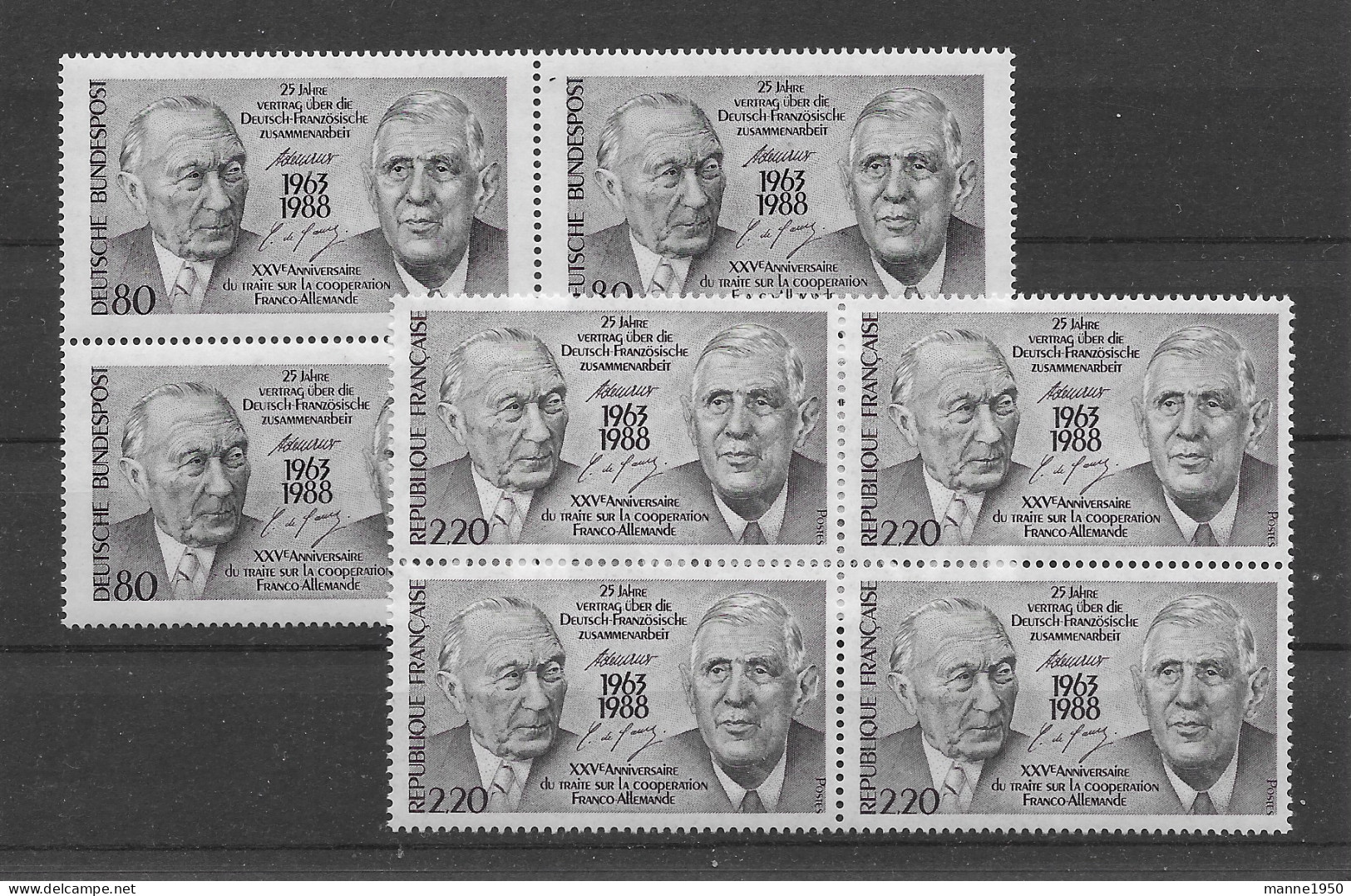 Frankreich/BRD 1988 Adenauer/Charles De Gaulle Mi.Nr. 2636/1351 4er Block ** - Joint Issues