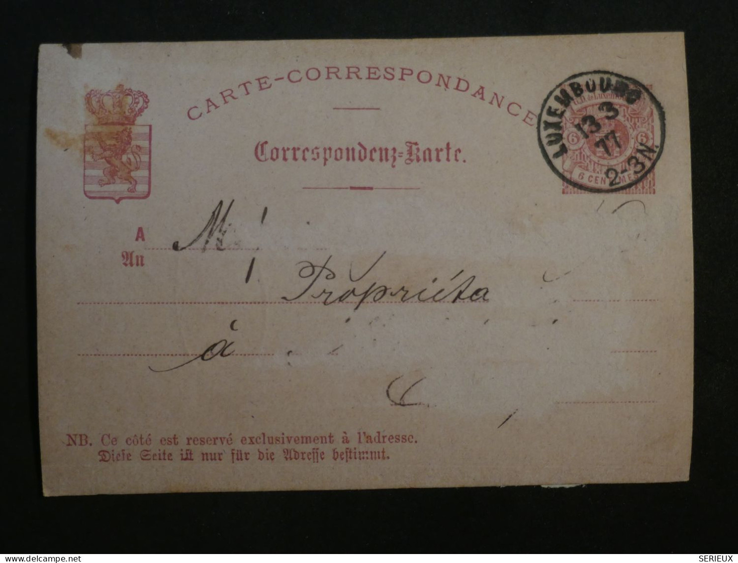 DD23  LUXEMBOURG     CARTE  ENTIER  1877 +AFFRANCH. INTERESSANT+++ - Stamped Stationery