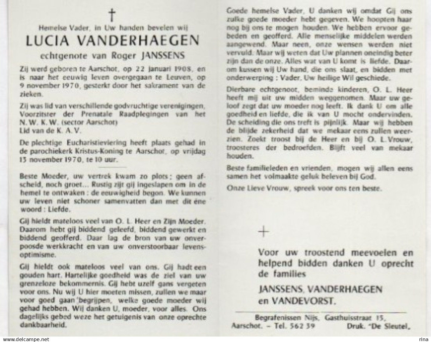 Lucia Vanderhaegen Geb Te Aarschot  22 Jan 1908 Overl Te Leuven 9 Nov 1970 - Aarschot