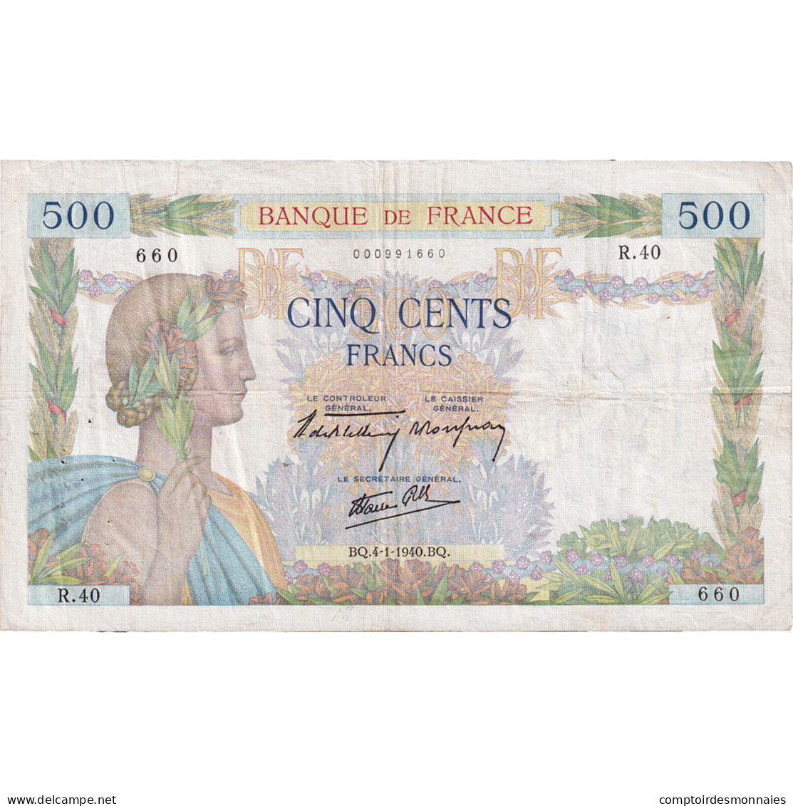 France, 500 Francs, La Paix, 1940, R.40, TTB, Fayette:32.1, KM:95a - 500 F 1940-1944 ''La Paix''