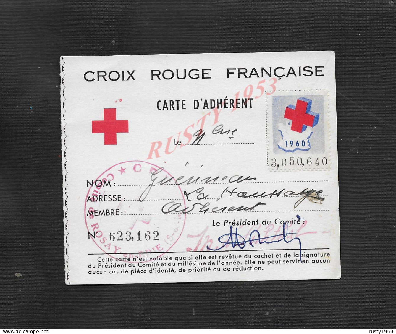 CROIX ROUGE FRANÇAISE CARTE D ADHÉRENT SUR TIMBRE DE GUÉRIMEAU ? À LA HAUSSAY ? : - Croix-Rouge