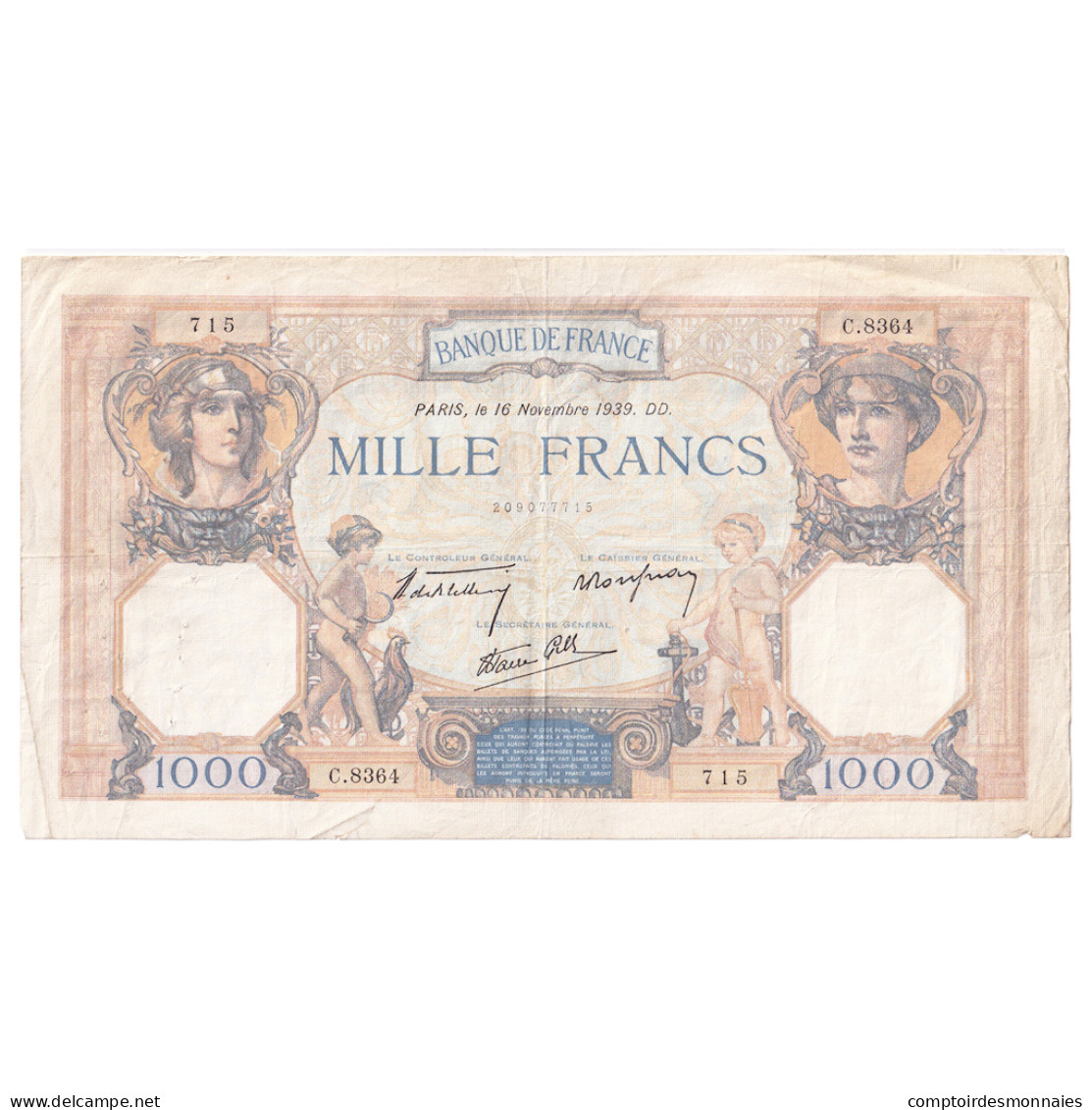 France, 1000 Francs, Cérès Et Mercure, 1939, C.8364, TTB, Fayette:38.39 - 1 000 F 1927-1940 ''Cérès Et Mercure''