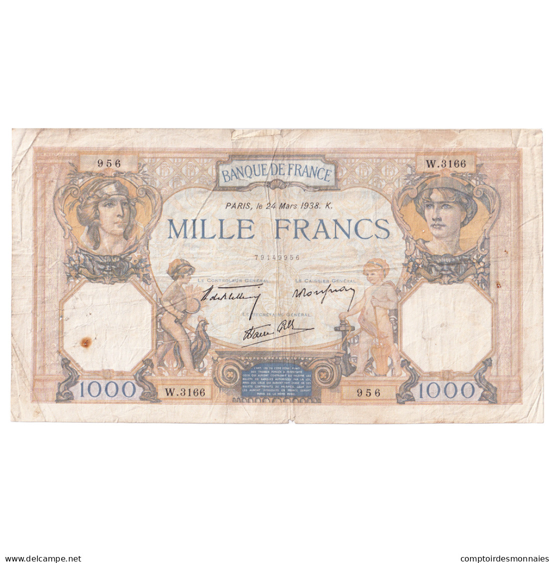 France, 1000 Francs, Cérès Et Mercure, 1938, W.3166, TTB, Fayette:38.9, KM:90c - 1 000 F 1927-1940 ''Cérès Et Mercure''