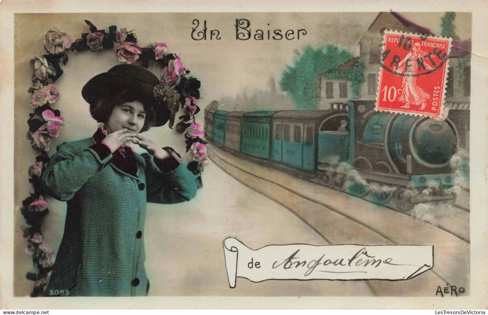 Un Baiser De Angoulème - Train - Fleur - Colorisé - Carte Postale Ancienne - Gruss Aus.../ Gruesse Aus...